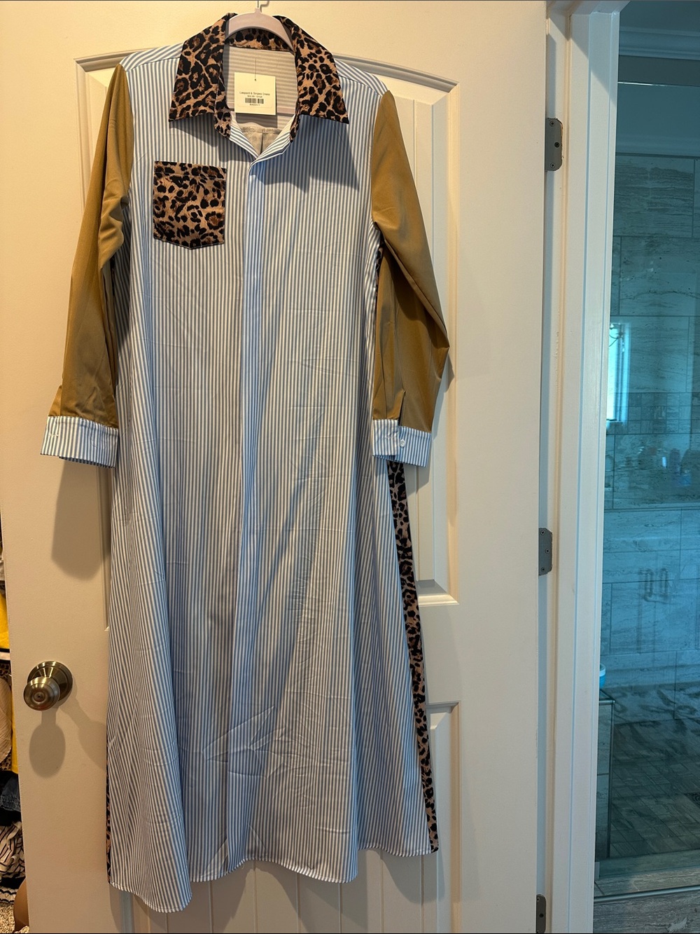 Striped Blue & White Casual Shirt Dress with Mustard Sleeves and Leopard Trim
